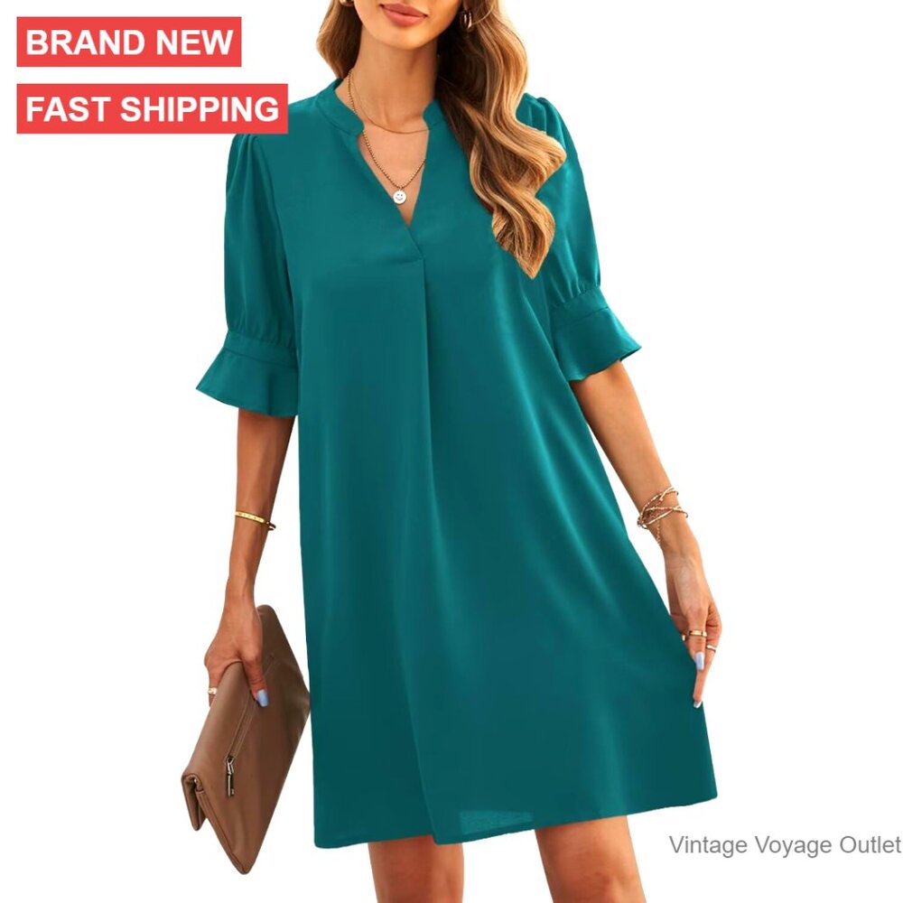 V-Neck Ruffled Sleeve Shift Dress, Polyester, Casual Summer Maternity